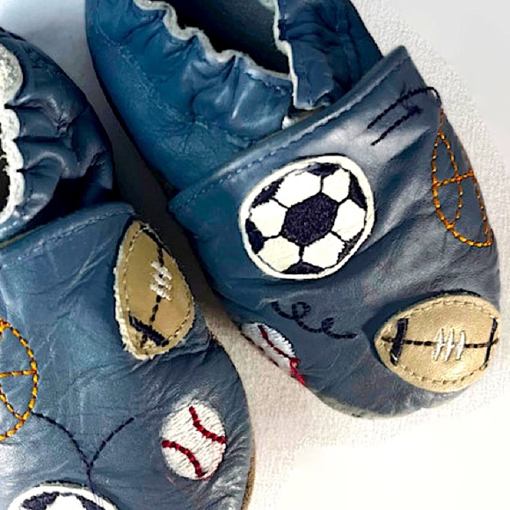 5/$10 | Robeez Blue Leather Slippers | Sports Theme | Baby Shoes | Sz 0-6M